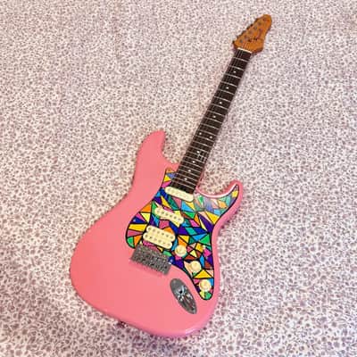 1 of 1 Custom Pink Strat Style HSS Electric Guitar w/ Hand Painted Pickgaurd image 2