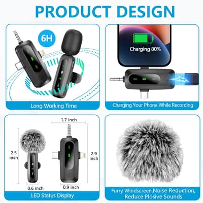 3 in 1 Mini Microphone for iPhone, Android, Camera, LED Display Wireless Lavalier Microphone for Video Recording, Clip on Lapel Lav Mics with Noise Reduction for Interview Vlog YouTube TikTok image 2