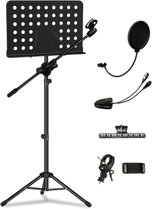 Music Stand for Sheet Music with Mic Pole, All-In-One Folding Sheet Music Stand with Pop Filter & Phone Holder, Portable Music Book Stand with Light & Clips for Violin Guitar Ukulele Violin Players image 1