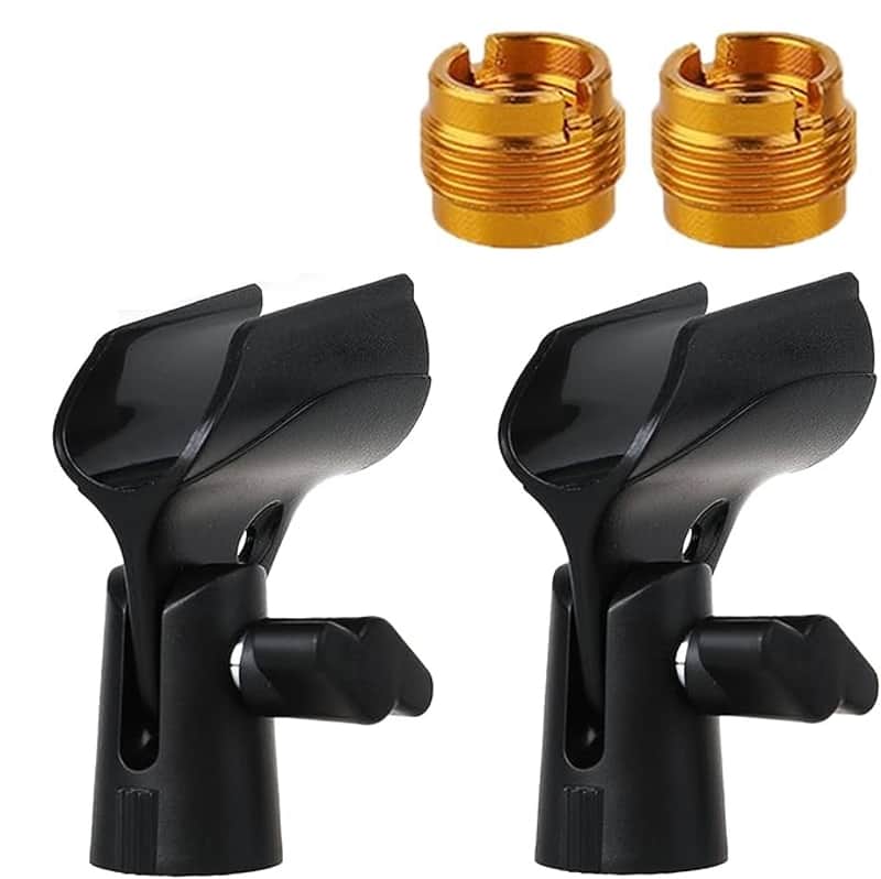 2 Pcs Universal Adjustable Microphone Clip Set, Mic Holder with 5/8" to 3/8" Screw Adapter for Stand, Suitable Mic Clips for Stands image 1