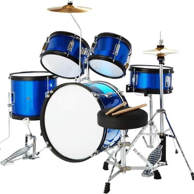 Drum Set, 5 Piece 16 Inch Junior Drums Kit with Bass, Toms, Snare Drum, Cymbal, Hi-Hat, Drumsticks & Seat for Beginner (Metallic Blue) image 1