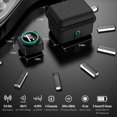 Wireless in Ear Monitor System, 5.8GHz IEM System w/Stereo/Mono Switch, Built-in Cue Mic, LED Receiver & Charging Case Transmitter, 4 Channels, One-to-More for Studio, Bands, Live image 2