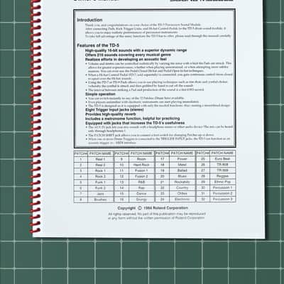 Roland TD-5 — Owners Manual User Guide Instructions — 76 Pages — USA Made