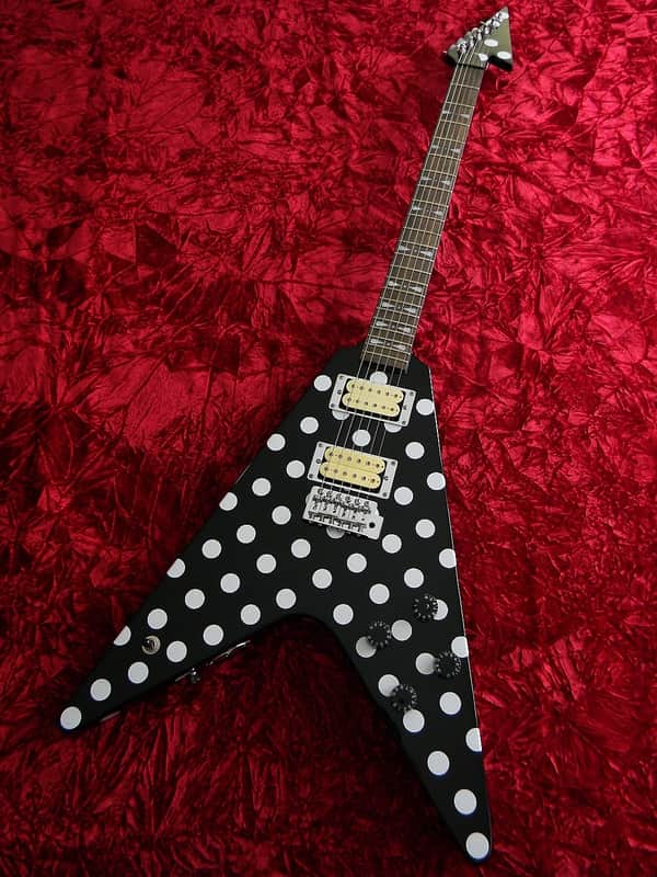 RR Polka Dot Flying V Rhoads Style Body Neck Black + White