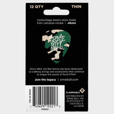 Camouflage Cellulose Picks Thin 12-Pack celluloid thn-gauge .46mm world-standard pick specs in camo image 2