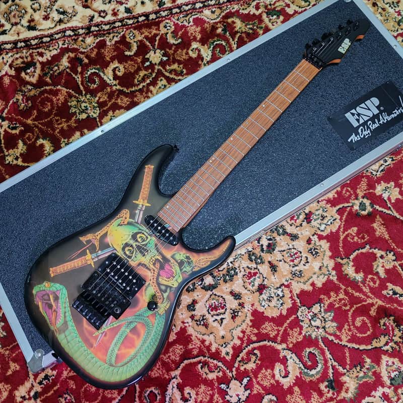 [SUMMER SALE] 1990's ESP Skulls & Snakes George Lynch Signature Model Haji - Black with Skulls & Snakes Graphic