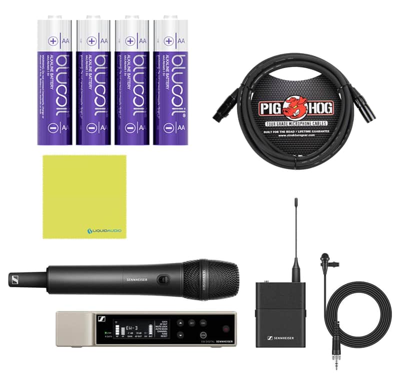 Mint Sennheiser Combo Wireless Handheld & Lavalier Microphone System Bundle with 10ft Pig Hog Mic Cable, 4 AA Batteries & Polishing Cloth â€“ EW-D ME2/835-S (R4-R9), Clear Digital Audio, UHF Transmission image 1