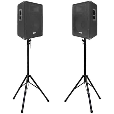 Pair of Premium 15" PA Speakers with two tripod speaker stands - PA/DJ Package image 1