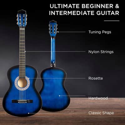 38in Beginner All Wood Acoustic Guitar Starter Kit w/Gig Bag, 6 Picks, Nylon Strings, Strap w/Pick Holder - Blue image 3