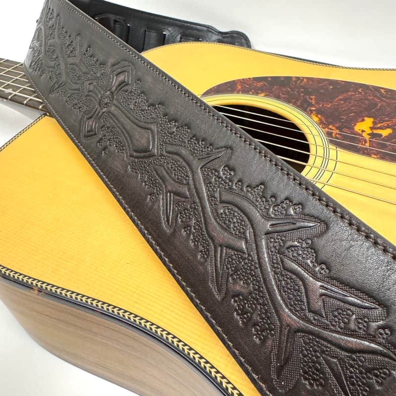 Walker & Williams LIP-05 Matte Copper Carved Leather Spade Cut Strap with Tooled Cross and Thorns image 1
