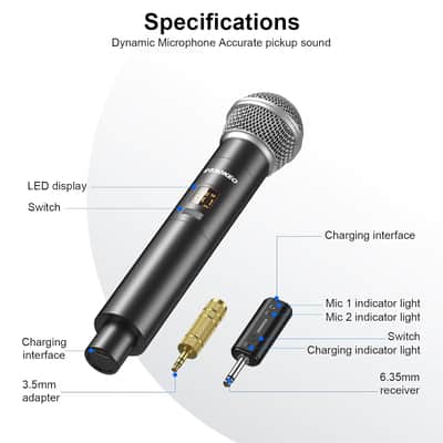 Wireless Microphone Only For Mic Input, Uhf Metal Dynamic Handheld Multipurpose Mic With Rechargeable Receiver (Work 4Hs), 160Ft Range, For Karaoke Machine, Amplifier Speaker, Mixer, Church image 5