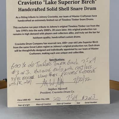 Craviotto 7x14” Private Reserve Timeless Timber Snare Drum 3 of 3 - 600 Y/O Lake Superior Birch image 2