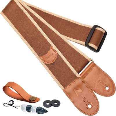 Guitar Strap, Cotton Full Grain Leather Ends Guitar Straps with Pick Pocket for Bass, Electric & Acoustic Guitar, Come with Free Strap Button, 1 Pair Strap Locks and 4 Guitar Picks image 1