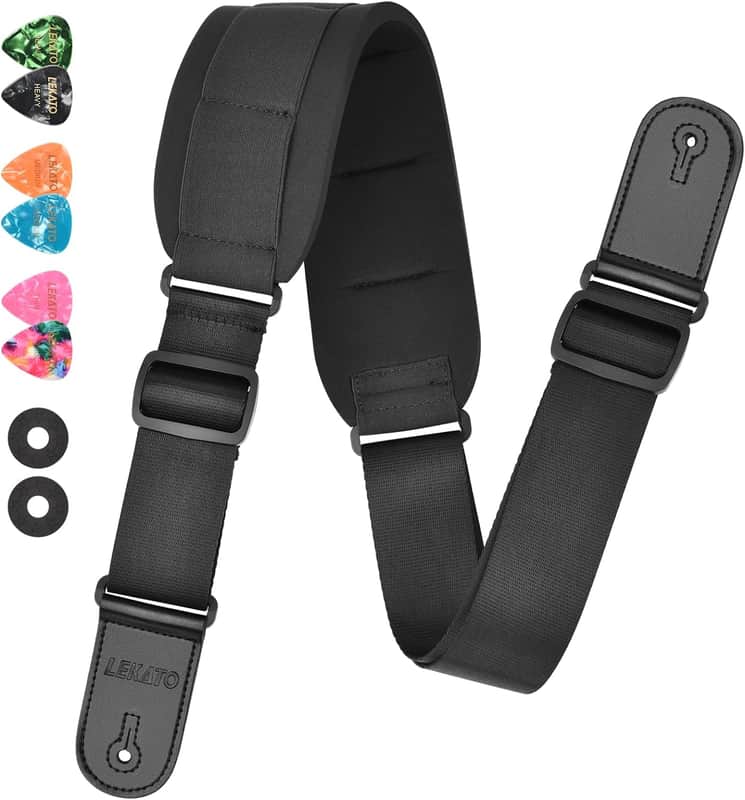 Guitar Strap, Bass Straps for Electric Guitar with 3.3" Wide Sponge Pad for Effective Decompression Padded Bass Guitar Straps Adjustable Length from 42" to 58" with 2 Safety Locks & 6 Picks image 1