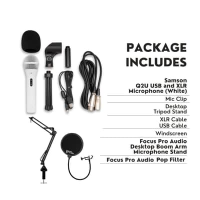 Samson Q2U USB and XLR Handheld Dynamic Microphone with Cardioid Polar Pattern (White) Bundle with Desktop Boom Arm Microphone Stand and Pop Filter for Broadcasting and Recording Microphones (3 Items) image 7