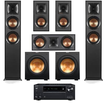 Klipsch Reference 5.2 Home Theater System, Bundle with 2x R-625FA Floorstanding Speaker, 2x R-12SW Subwoofer, R-52C Center Channel, R-41M Bookshelf Speaker Pair, 7.2-Channel Receiver, Black image 1