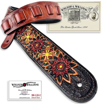 Walker And Williams WW-LIH-2 Hand Carved Premium Black And Brown Leather Strap With Gold Earth Zodiac Star Design image 2