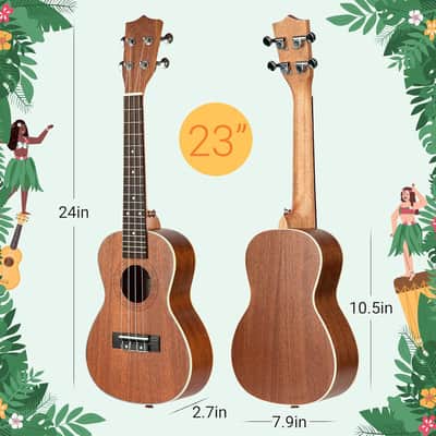Concert Ukulele Kit Beginner Starter 23 Inch with Gig Bag, Rainbow Strap, Fretboard Stickers, for Adults Sapele image 2