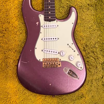 Stratocaster -1963 replica, Chunky highly figured Brazilian Rosewood slab Musikraft neck/ JM Rolph 1963 pickups/ nitro guard /mjt relic Purple Mist body/ relic gold hardware image 10