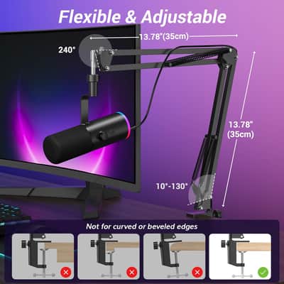 Dynamic Gaming Microphone, XLR/USB Mic Streaming, AI Noise Cancellation, Controlable RGB, Tap Mute, 3.5mm Headphone Jack, Volume Control, Microfono with Boom Arm, Black image 2