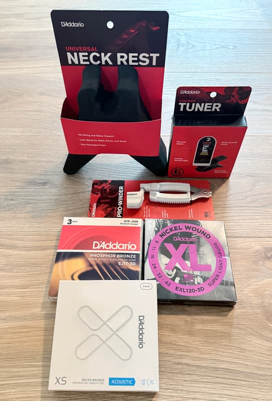 D’Addario Guitar Accessory Bundle – Pro-Winder, Tuner, Neck Rest and 9 Sets of Strings image 1