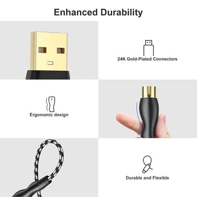 USB to MIDI Cable 6.5Ft, MIDI Interface Adapter,MIDI to USB Cable Converter ​for Music Keyboard Piano to PC Mac Laptop Windows Android image 3