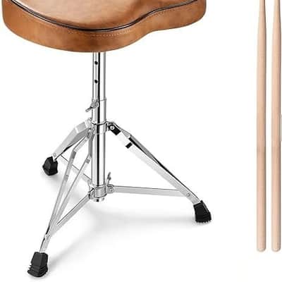 Drum Throne, Height Adjustable Padded Seat Drum Stool for Adults and Kids, 5A Drumsticks Included, with Double Braced Legs Rubber Feet, Brown image 1