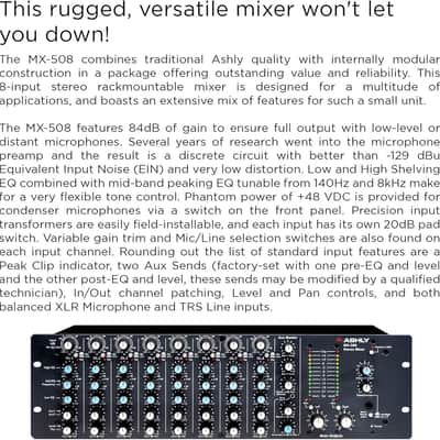 Ashly MX-508 3RU Rack-mountable 8-input Balanced Stereo Microphone Mixer w/ 3-band Sweep EQ & AUX Sends image 3