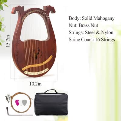Lyre Harp, 16-String Mahogany Lyra Harp Kit, Stringed Musical Instruments with Tuning Wrench Bag Instructions Extra Strings for Beginners Adults image 2