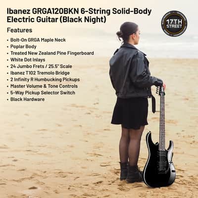 Ibanez 6-String Solid-Body Electric Black Night Guitar, Right Handed Bass Bundle image 4