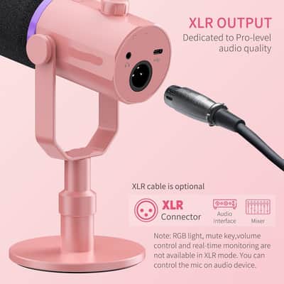 XLR USB Dynamic Microphone with Desktop Stand Gifts for Podcast Recording PC Computer Gaming Streaming Vocal Voice-Over, Studio Metal Mic, RGB Light, Mute Button, Headphones Jack (Pink) image 3