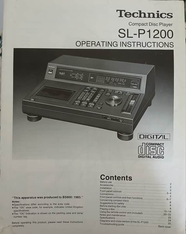 Operating Instructions for Technics SL-P1200 Compact Disc Player 1986 image 1