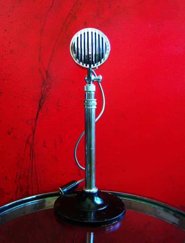 Vintage 1960's AMD 38-015 crystal microphone Hi Z "bullet" harp mic w cable and Aiwa stand Olson Monarch Calrad Argonne image 1