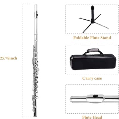 C Flute Closed Hole 16 Keys Flute Nickel-Plated for Beginner, Kids, Student with Carrying case, Metal stand, Gloves, Tuning Rod, Cleaning kit image 2