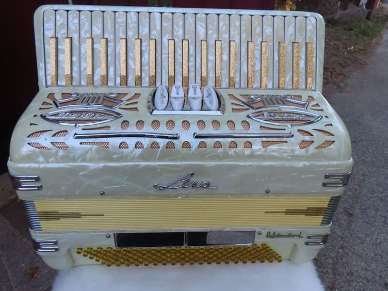 LIRA INTERNATIONAL MODEL 20 CENTRAMATIC 1959 3/4 120 BASS ACCORDION  GOLD SPARKLE MOTHER of WHITE PEARL IMMACULATE! image 1