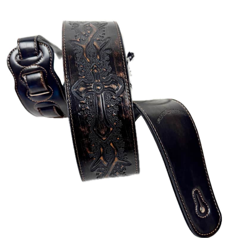 Walker & Williams LIP-07 Dark Bourbon Brown Carved Leather Spade Cut Strap with Tooled Cross and Thorns image 1