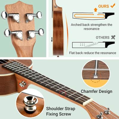 Concert Ukulele Kit Beginner Starter 23 Inch with Gig Bag, Rainbow Strap, Fretboard Stickers, for Adults Sapele image 3