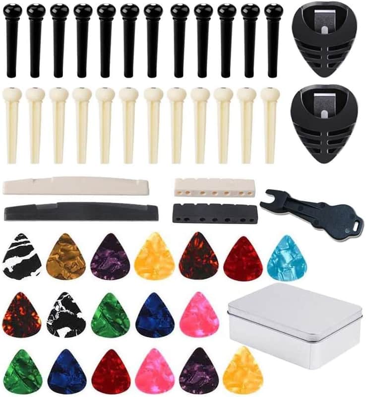 Acoustic Guitar Bridge Pins Set | Saddle Nut Pin Puller Picks and Pick Holder | Guitar Replacement Accessories image 1