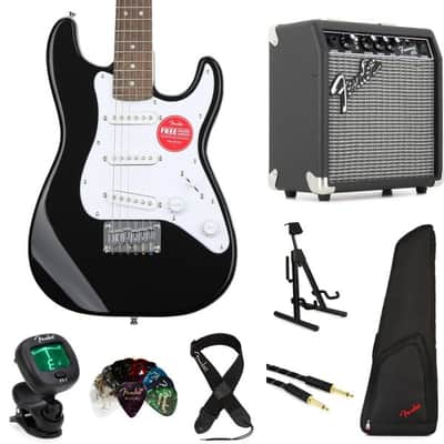 Squier Mini Strat Electric Guitar and Fender Frontman 10 Amp Essentials Bundle - Black image 3
