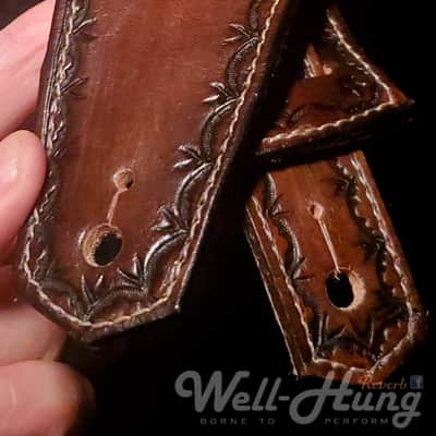 Well-Hung Dragonfly 2-3/4" wide padded leather guitar strap - Dark Brown, Irridescent Dragonflies image 2
