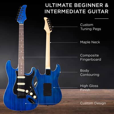 Beginner 39 In Electric Guitar Kit w/ Case, 10W Amp, Tremolo Bar - Blue Stripe image 3
