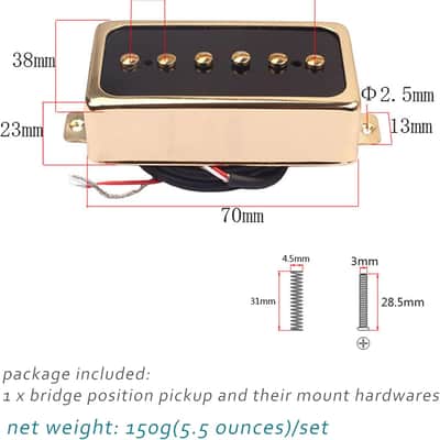P90 Tone Pickups Set, Humbucker-sized Single Coil Neck Pick-up and Bridge Pick Up Loaded Rubber Magnets, as Replacement Parts for Standard-Humbucker Sized Pickup on Electric Guitar, Black Gold image 2