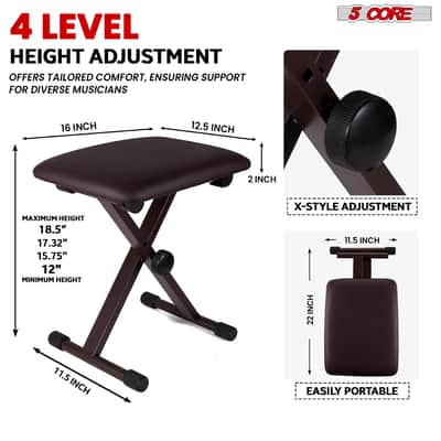 5 Core Keyboard Bench 2 Inch Padded Cushioned Piano Stool Height Adjustable 19" Guitar Seat Portable image 4