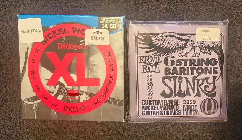 Two (2) Packs of 6 Baritone Electric Guitar Strings (1) D'Addario EXL157 14-68 & (1) Ernie Ball 2839 13-72 image 1