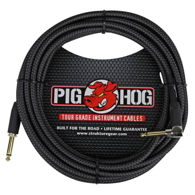 Pig Hog PCH20BKR "Black Woven" Instrument Cable, 20ft Right Angle image 1