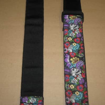 lightly used Perri's 2" Floral Skulls Jacquard Guitar Strap, TWS-7274, Floral Skulls High Quality Jacquard Ribbon Sewn on Tubular Webbing with Leather Ends, Adjustable length 39" to 58" (from early 2020s) image 20