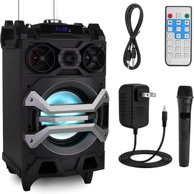 500 Watt Portable BT Connectivity Karaoke Speaker System - PA Stereo with 8" Subwoofer, DJ Lights Rechargeable Battery Microphone, Recording Ability, MP3/USB/SD/FM Radio image 1