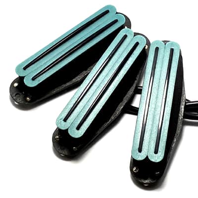 Dragonfire Duo Rails SSS Set Strat Sized Humbucker Pickups, Bridge/Middle/Neck ~ Teal w/ Black Rails image 2