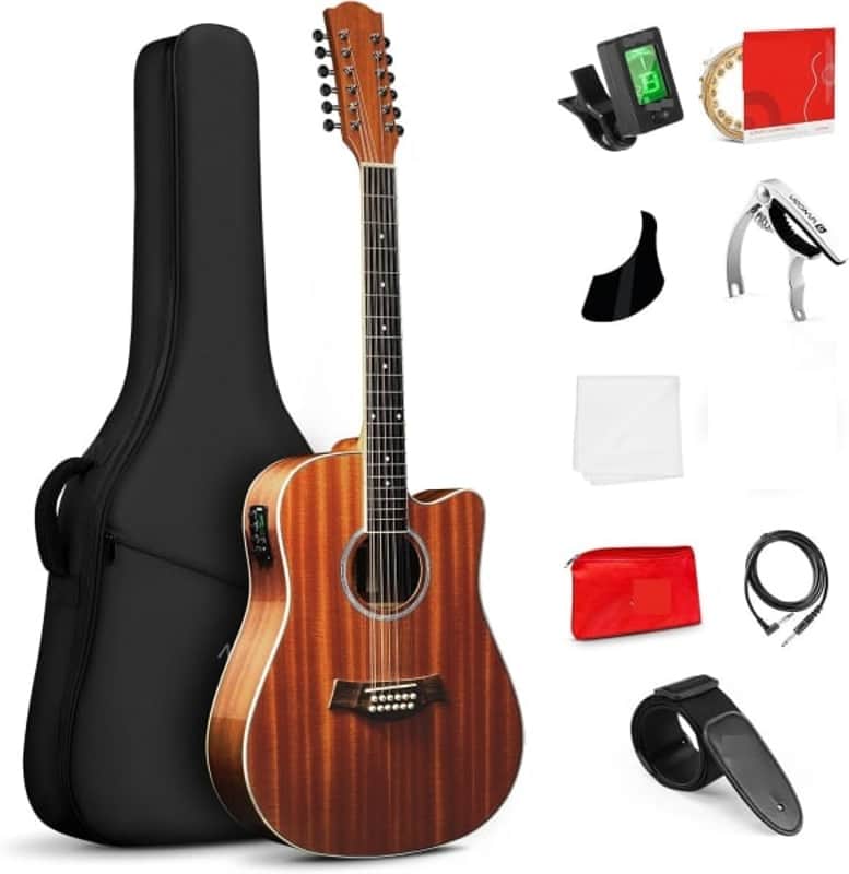 12 String Guitar Acoustic Electric, Upgraded Guitar 12 Strings Bundle for Beginner Intermediate Adults Teens, Guitarra de 12 Cuerdas, Sapele Body Bone Nut, Brown Glossy image 1