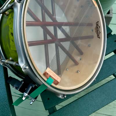Custom Snare Drum 6” x 13” Maple and Bubinga shell 1999 - Retro funky distressed green image 5